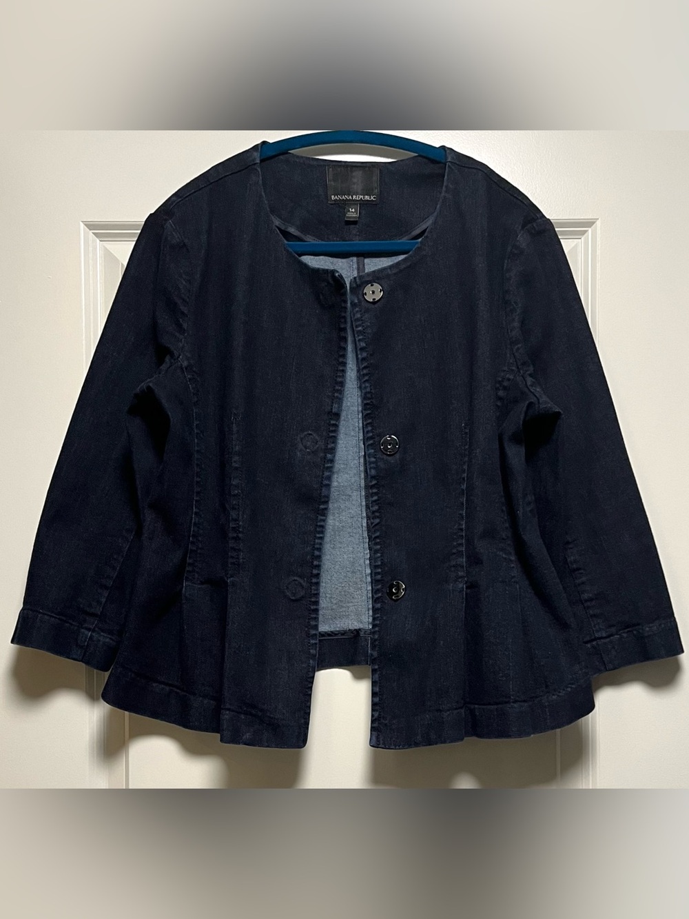 Banana Republic Collarless Peplum Denim Jacket 3/4 Sleeves Snaps Dark Navy 14